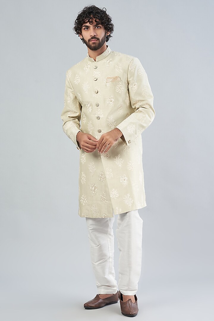 Sage Green Embroidered Achkan Set by RNG Safawala Men