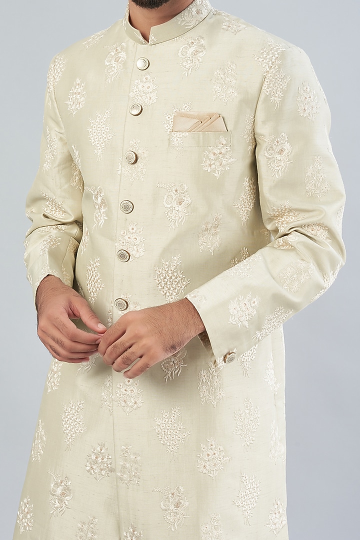 Sage Green Embroidered Achkan Set by RNG Safawala Men at Pernia's Pop Up Shop
