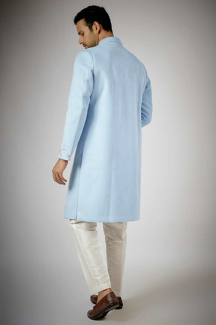 Sky Blue Suede Cutdana Embroidered Wedding Sherwani Set by RNG Safawala Men at Pernia's Pop Up Shop
