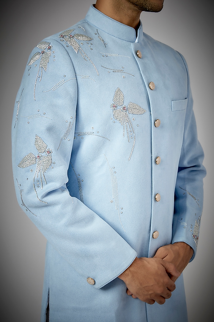 Sky Blue Suede Cutdana Embroidered Wedding Sherwani Set by RNG Safawala Men at Pernia's Pop Up Shop