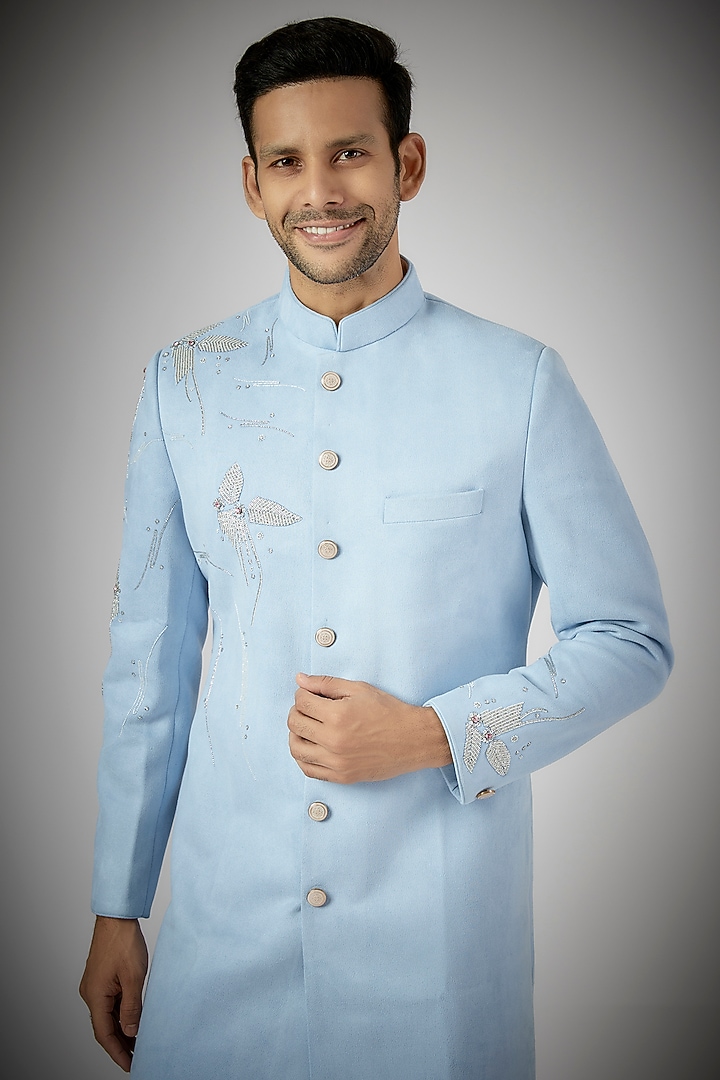 Sky Blue Suede Cutdana Embroidered Wedding Sherwani Set by RNG Safawala Men at Pernia's Pop Up Shop