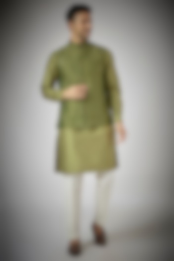 Olive Green Cotton Silk Embroidered Nehru Jacket Set by RNG Safawala Men