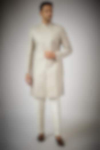 Grey Cotton Silk Chikankari Embroidered Wedding Sherwani Set by RNG Safawala Men at Pernia's Pop Up Shop