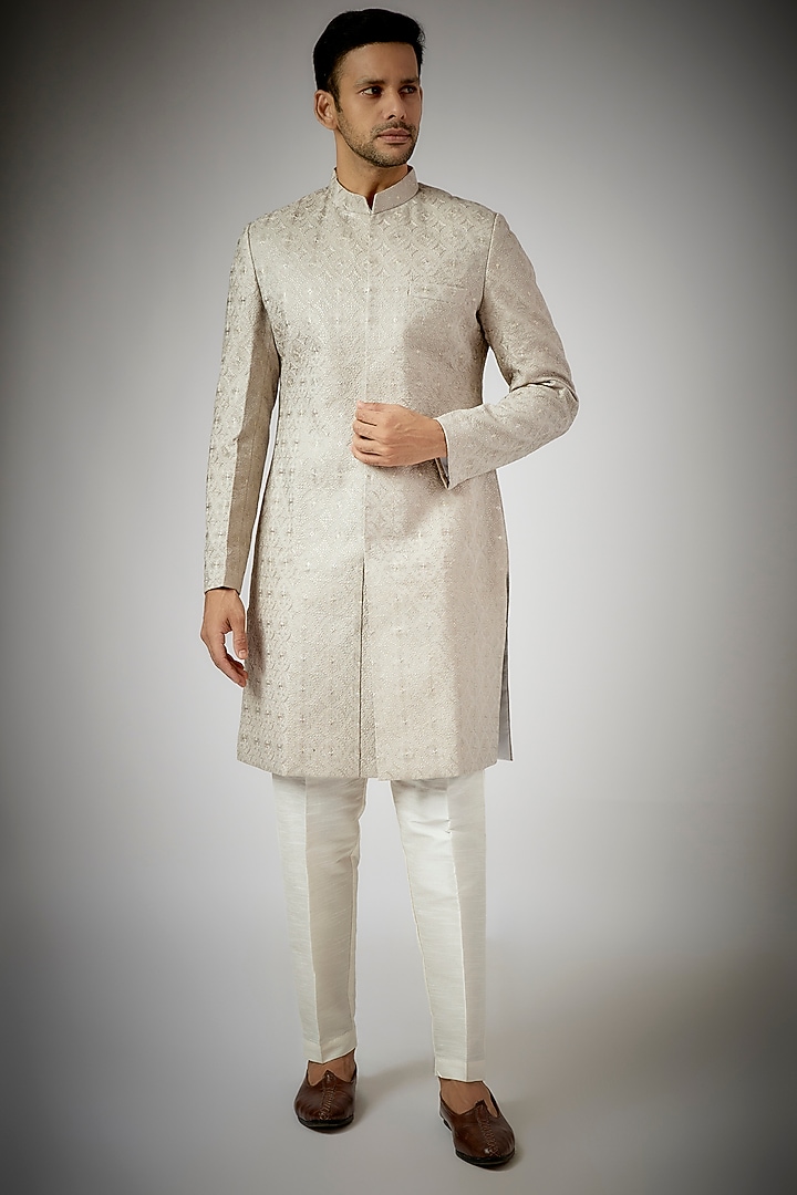 Grey Cotton Silk Chikankari Embroidered Wedding Sherwani Set by RNG Safawala Men at Pernia's Pop Up Shop