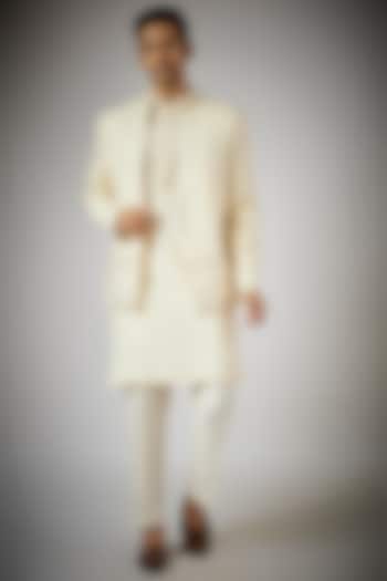 Off-White Raw Silk Embroidered Wedding Indowestern Set by RNG Safawala Men at Pernia's Pop Up Shop
