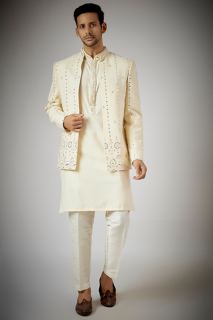 Off-White Raw Silk Embroidered Wedding Indowestern Set by RNG Safawala Men at Pernia's Pop Up Shop