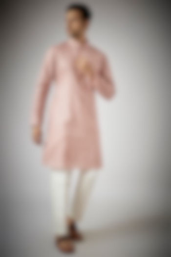 Blush Pink Cotton Silk Chikankari Embroidered Kurta Set by RNG Safawala Men