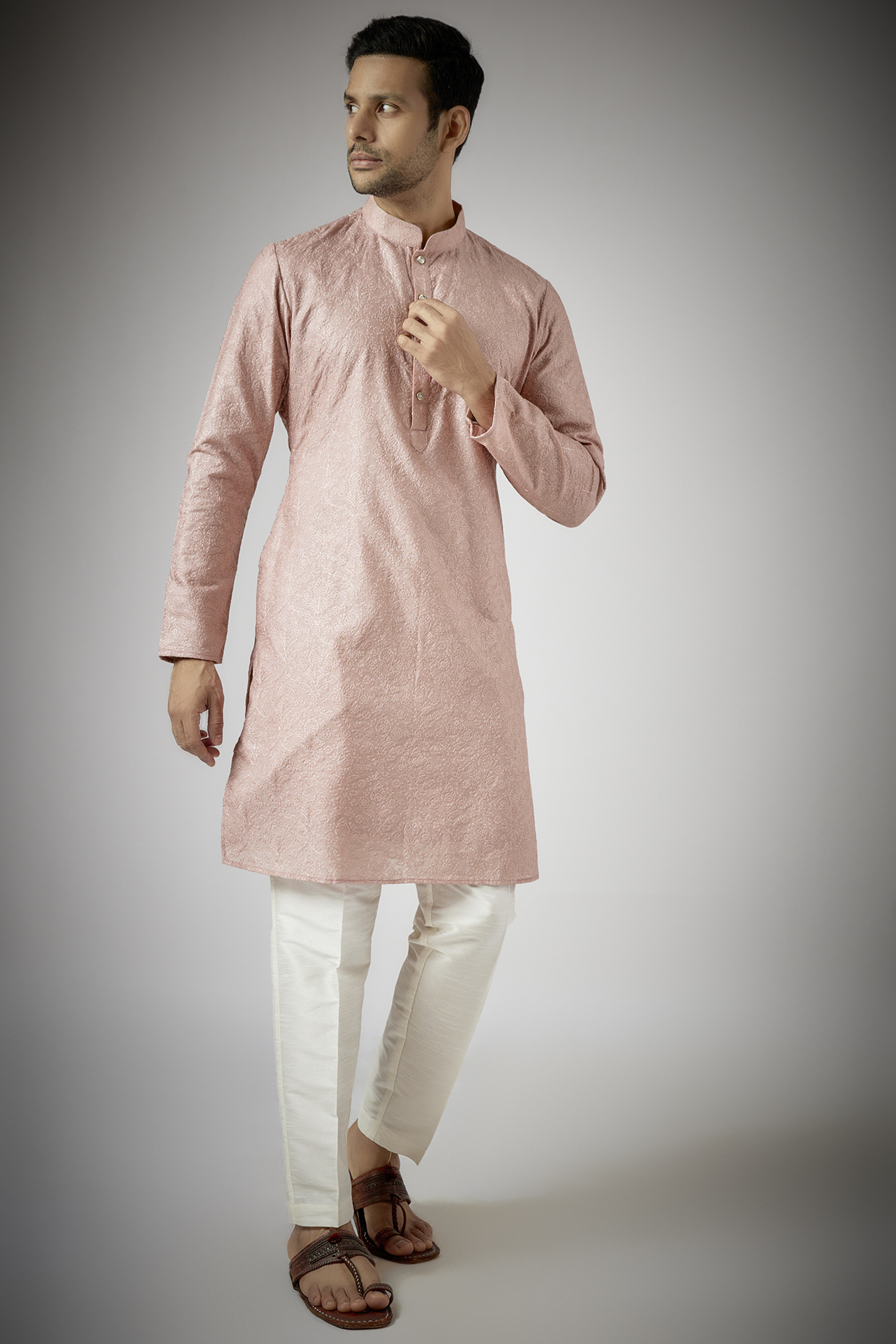 Blush Pink Cotton Silk Chikankari Embroidered Kurta Set by RNG Safawala Men