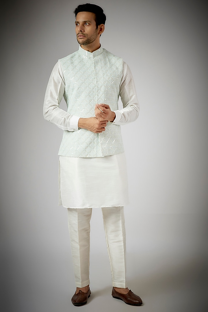 Aqua Blue Georgette Embroidered Nehru Jacket Set by RNG Safawala Men at Pernia's Pop Up Shop