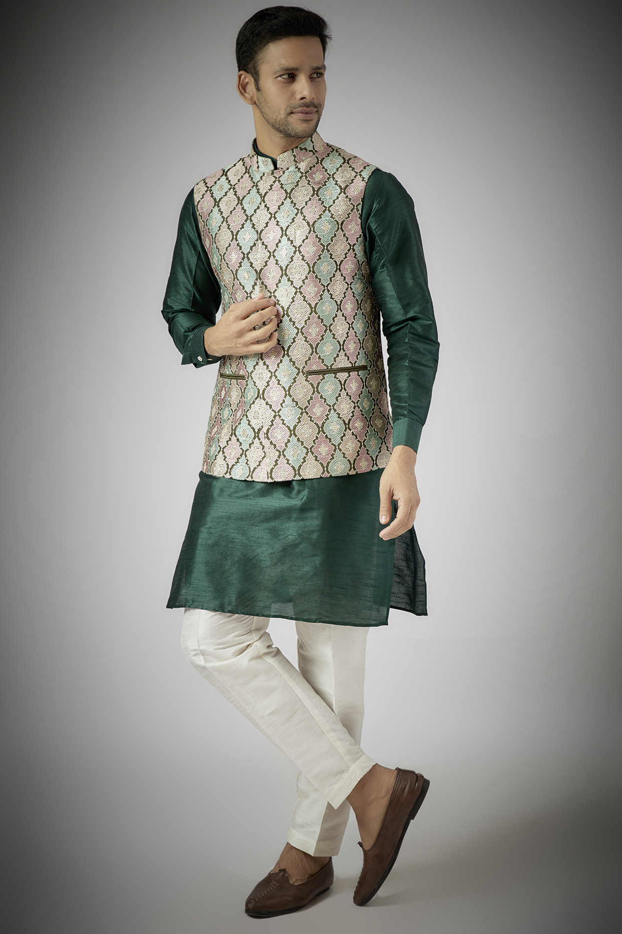 Multi-Colored Raw Silk Embroidered Nehru Jacket Set by RNG Safawala Men