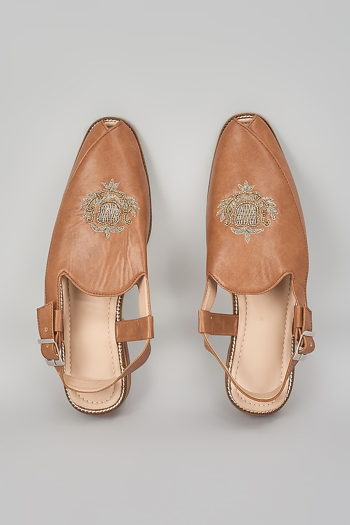 Brown Suede Hand Embroidered Slip-On Peshwari by RNG Safawala Men