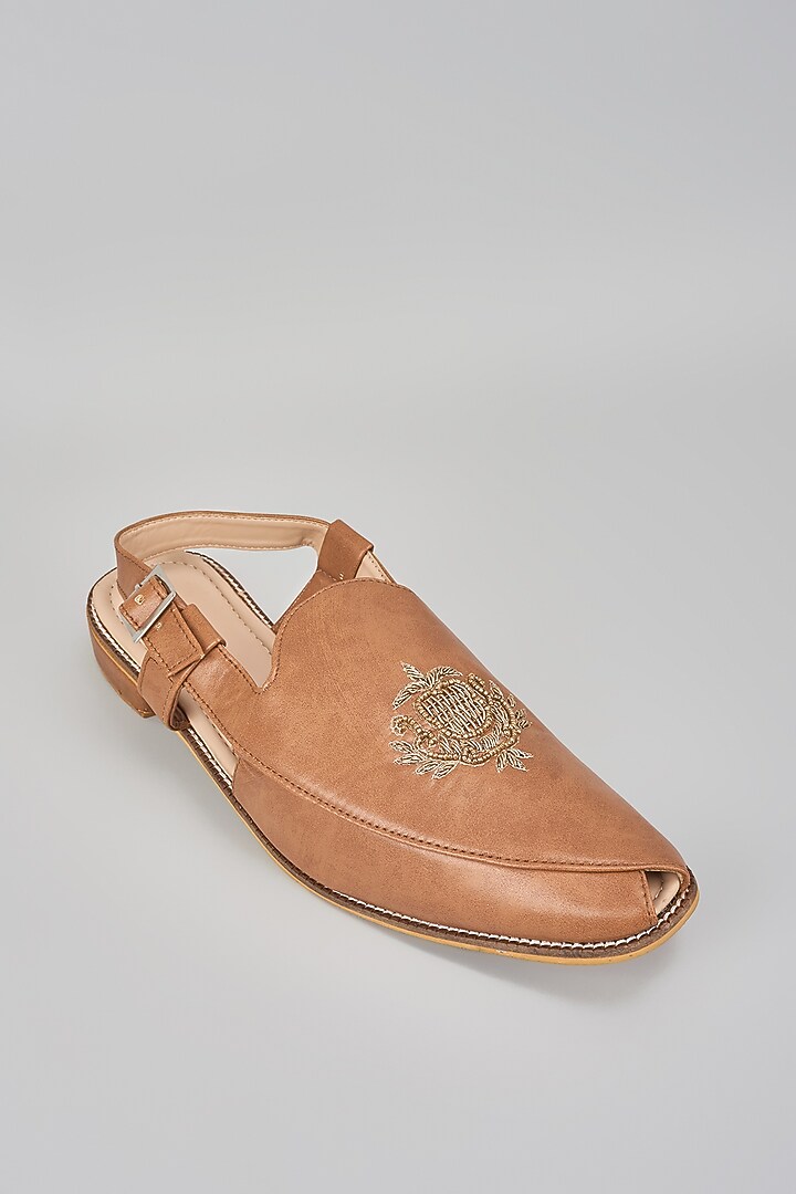 Brown Suede Hand Embroidered Slip-On Peshwari by RNG Safawala Men at Pernia's Pop Up Shop