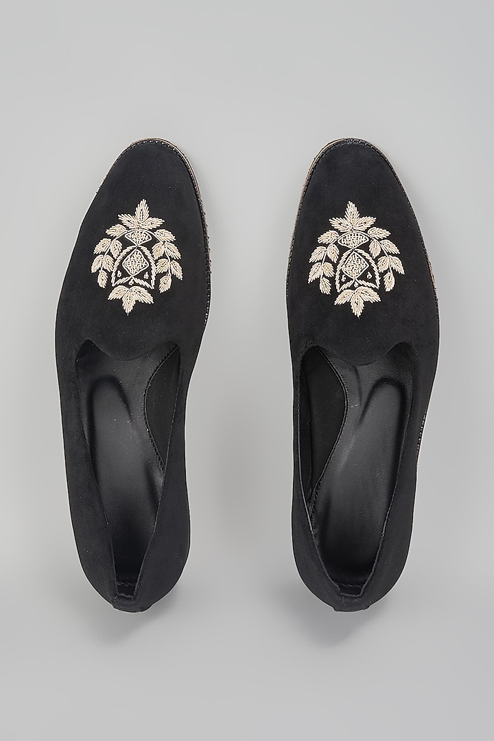 Black Suede Hand Embroidered Slip-On Loafers by RNG Safawala Men