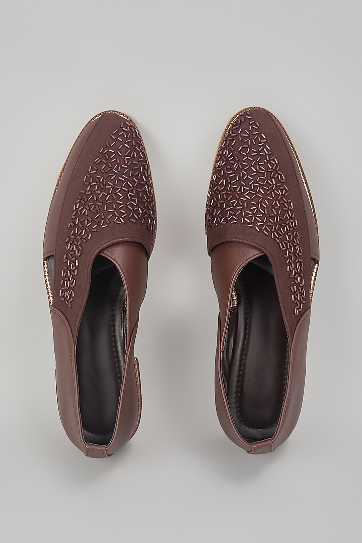 Brown Satin Cutbead Work Slip-On Peshwari by RNG Safawala Men