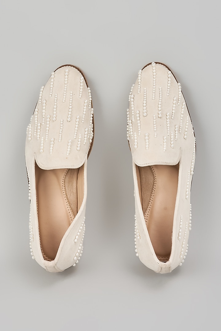Off-White Suede Pearl Hand Embroidered Loafers by RNG Safawala Men