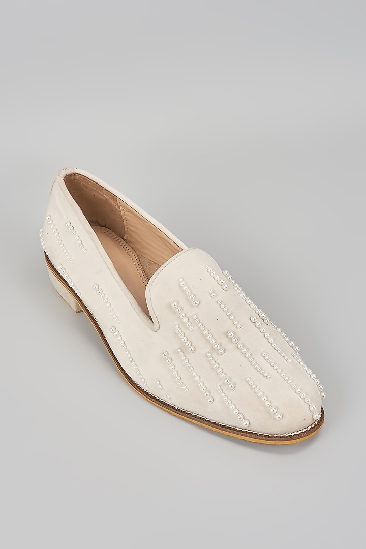 Off-White Suede Pearl Hand Embroidered Loafers by RNG Safawala Men at Pernia's Pop Up Shop