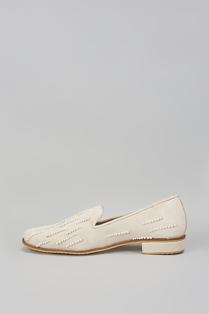 Off-White Suede Pearl Hand Embroidered Loafers by RNG Safawala Men at Pernia's Pop Up Shop