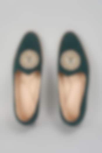 Emerald Green Suede Hand Embroidered Slip-On Loafers by RNG Safawala Men