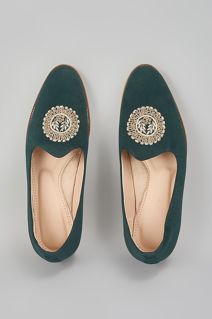 Emerald Green Suede Hand Embroidered Slip-On Loafers by RNG Safawala Men