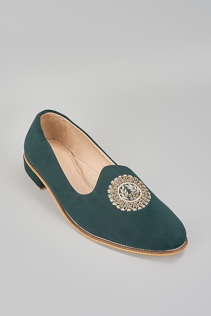 Emerald Green Suede Hand Embroidered Slip-On Loafers by RNG Safawala Men at Pernia's Pop Up Shop