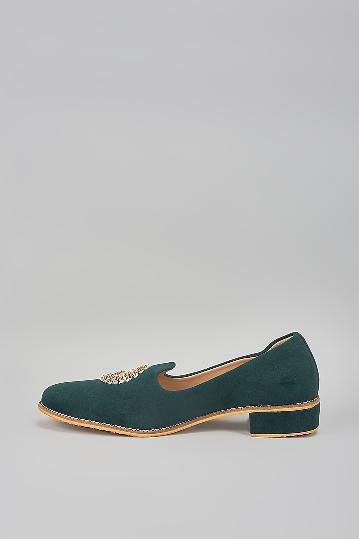 Emerald Green Suede Hand Embroidered Slip-On Loafers by RNG Safawala Men at Pernia's Pop Up Shop