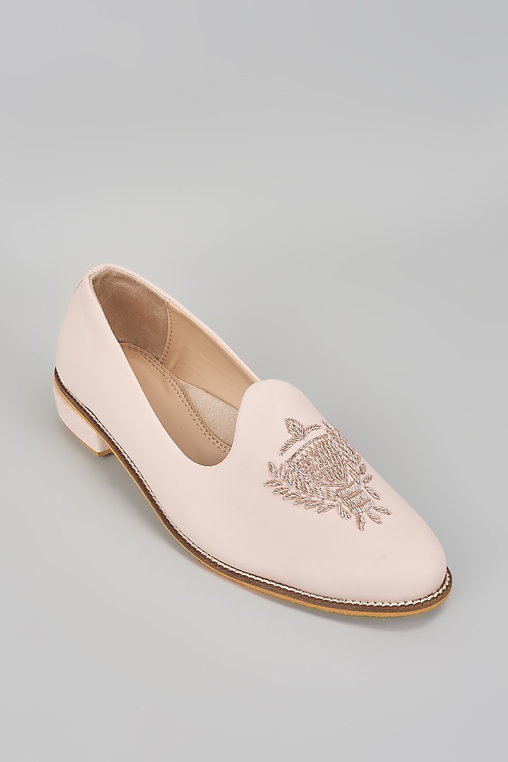 Blush Pink Suede Dabka Hand Embroidered Slip-On Loafers by RNG Safawala Men at Pernia's Pop Up Shop