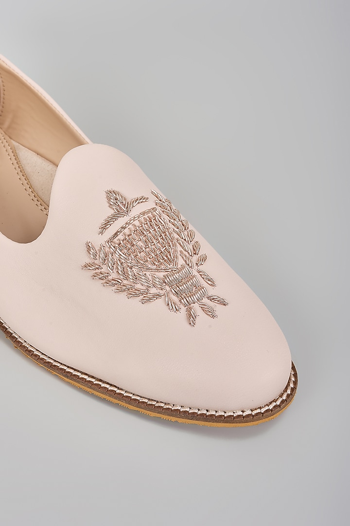 Blush Pink Suede Dabka Hand Embroidered Slip-On Loafers by RNG Safawala Men at Pernia's Pop Up Shop