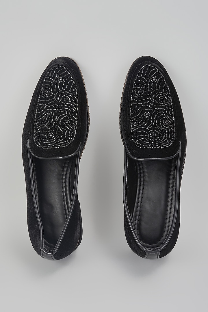 Black Suede Hand Embroidered Slip-On Loafers by RNG Safawala Men