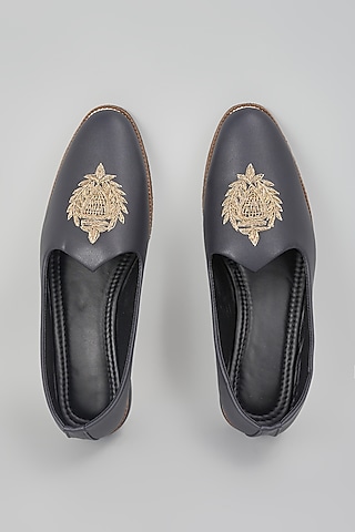 Black Leather Hand Embroidered Loafers by RNG Safawala Men
