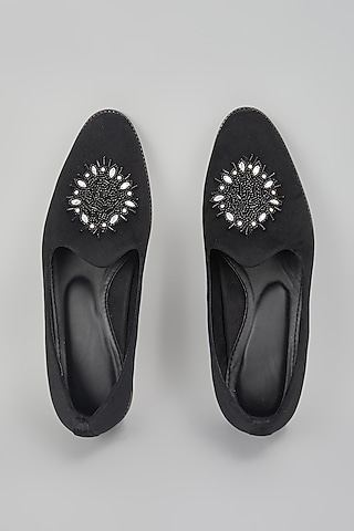 Black Suede Hand Embroidered Slip-On Loafers by RNG Safawala Men