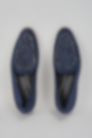 Navy Blue Suede Stone Hand Embroidered Slip-On Loafers by RNG Safawala Men