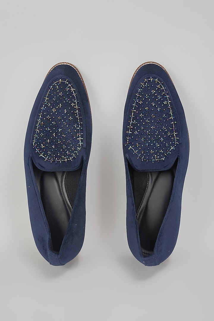 Navy Blue Suede Stone Hand Embroidered Slip-On Loafers by RNG Safawala Men