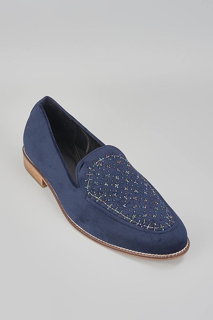 Navy Blue Suede Stone Hand Embroidered Slip-On Loafers by RNG Safawala Men at Pernia's Pop Up Shop