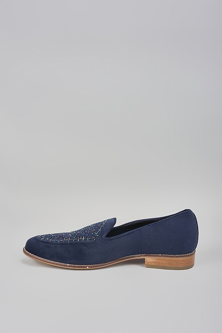 Navy Blue Suede Stone Hand Embroidered Slip-On Loafers by RNG Safawala Men at Pernia's Pop Up Shop