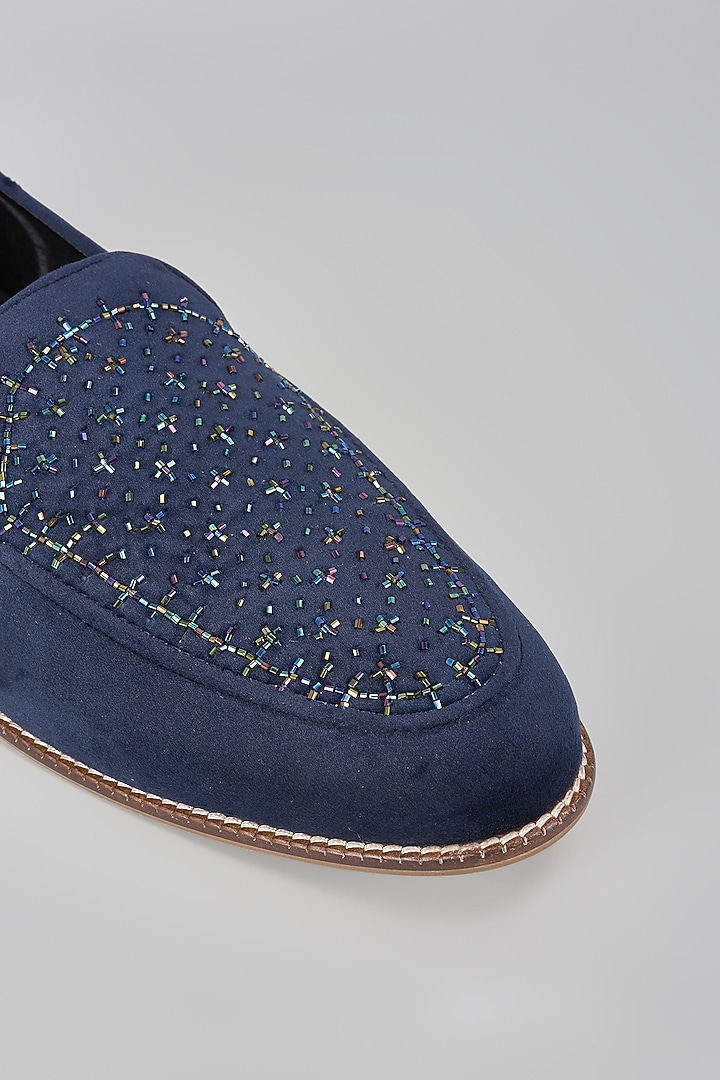 Navy Blue Suede Stone Hand Embroidered Slip-On Loafers by RNG Safawala Men at Pernia's Pop Up Shop