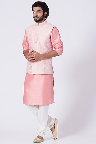 Light Rose Pink Kurta Set With Crystal Pink Jacket by RNG Safawala Men