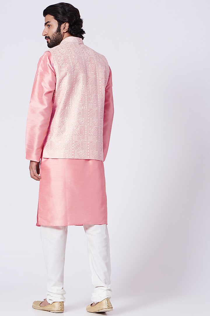 Light Rose Pink Kurta Set With Crystal Pink Jacket by RNG Safawala Men at Pernia's Pop Up Shop