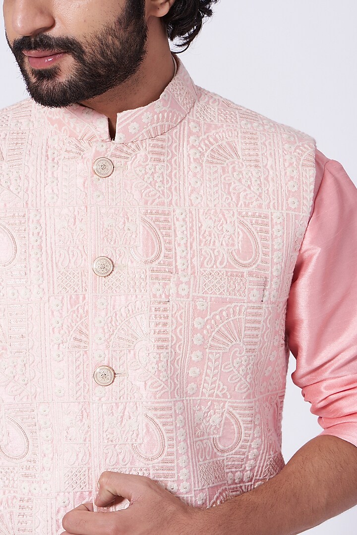 Light Rose Pink Kurta Set With Crystal Pink Jacket by RNG Safawala Men at Pernia's Pop Up Shop
