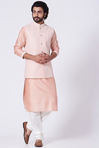 Light Pink Kurta Set With Crystal Pink Jacket by RNG Safawala Men