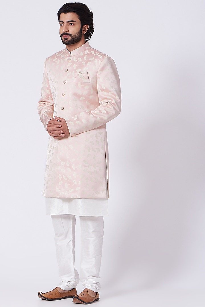 Crystal Pink Embroidered Indowestern Sherwani Set by RNG Safawala Men