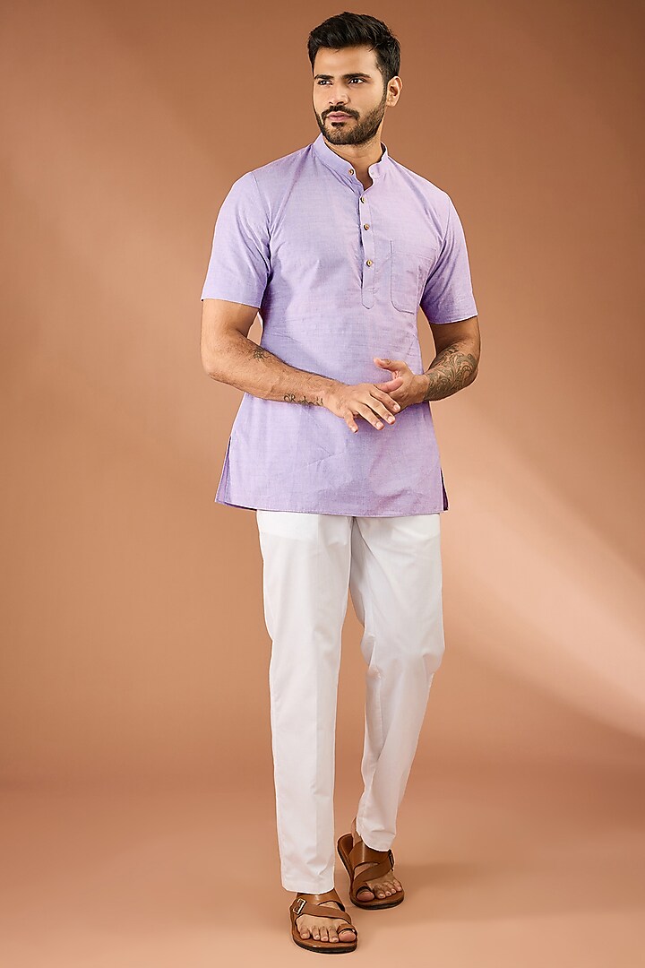 Lilac & Off-White Cotton Co-Ord Set by RNG Safawala Men