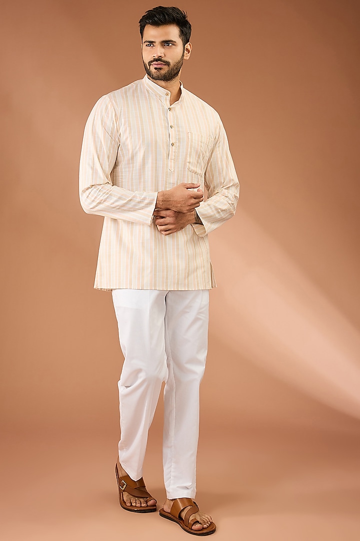 Beige & Off-White Cotton Stripes Printed Co-Ord Set by RNG Safawala Men at Pernia's Pop Up Shop