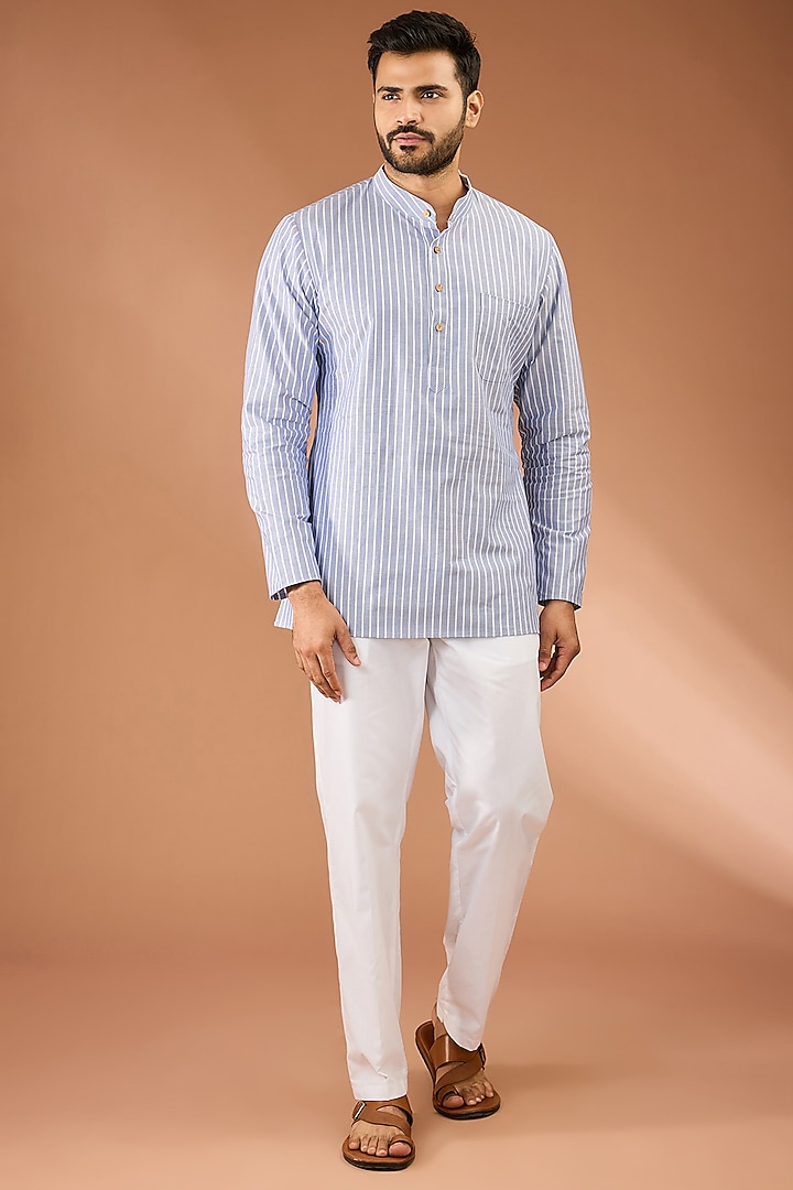 Blue & Off-White Cotton Stripes Printed Co-Ord Set by RNG Safawala Men at Pernia's Pop Up Shop