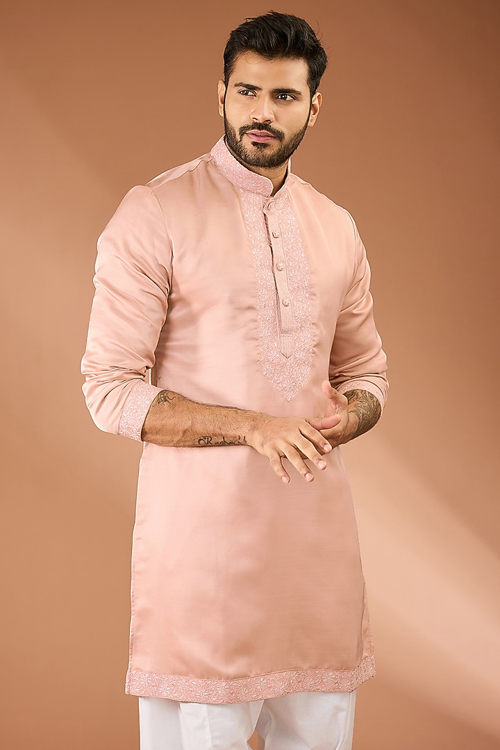 Dusty Rose Cotton Silk Thread & Sequins Hand Embroidered Kurta Set by RNG Safawala Men at Pernia's Pop Up Shop