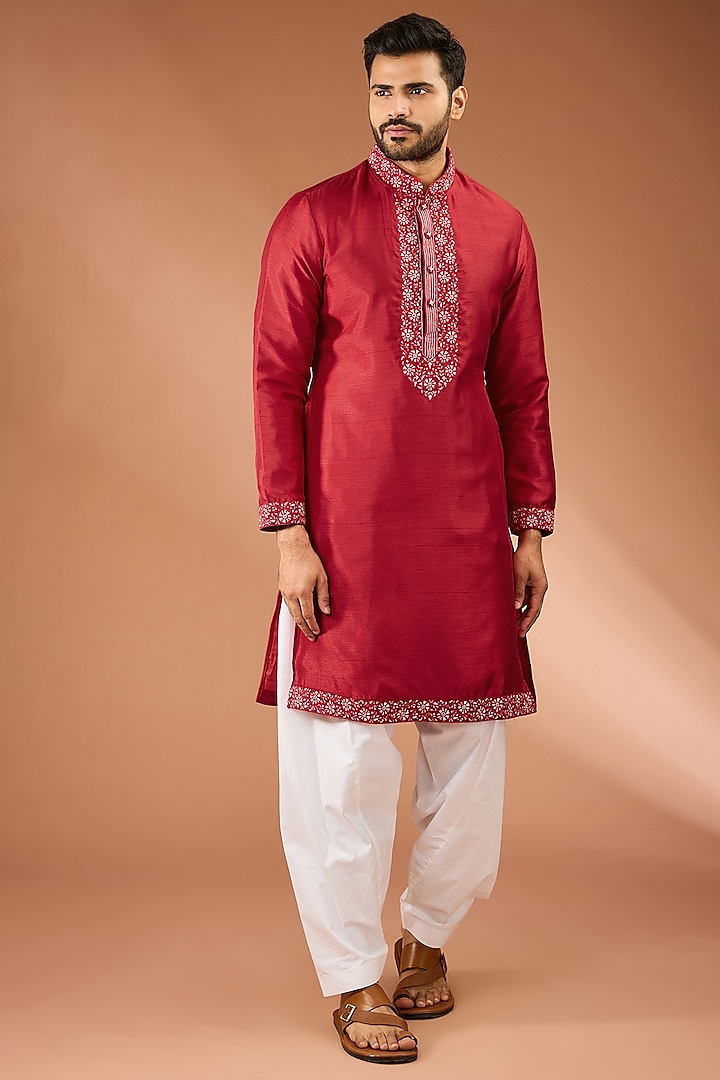 Cherry Red Cotton Silk Thread & Sequins Hand Embroidered Kurta Set by RNG Safawala Men at Pernia's Pop Up Shop