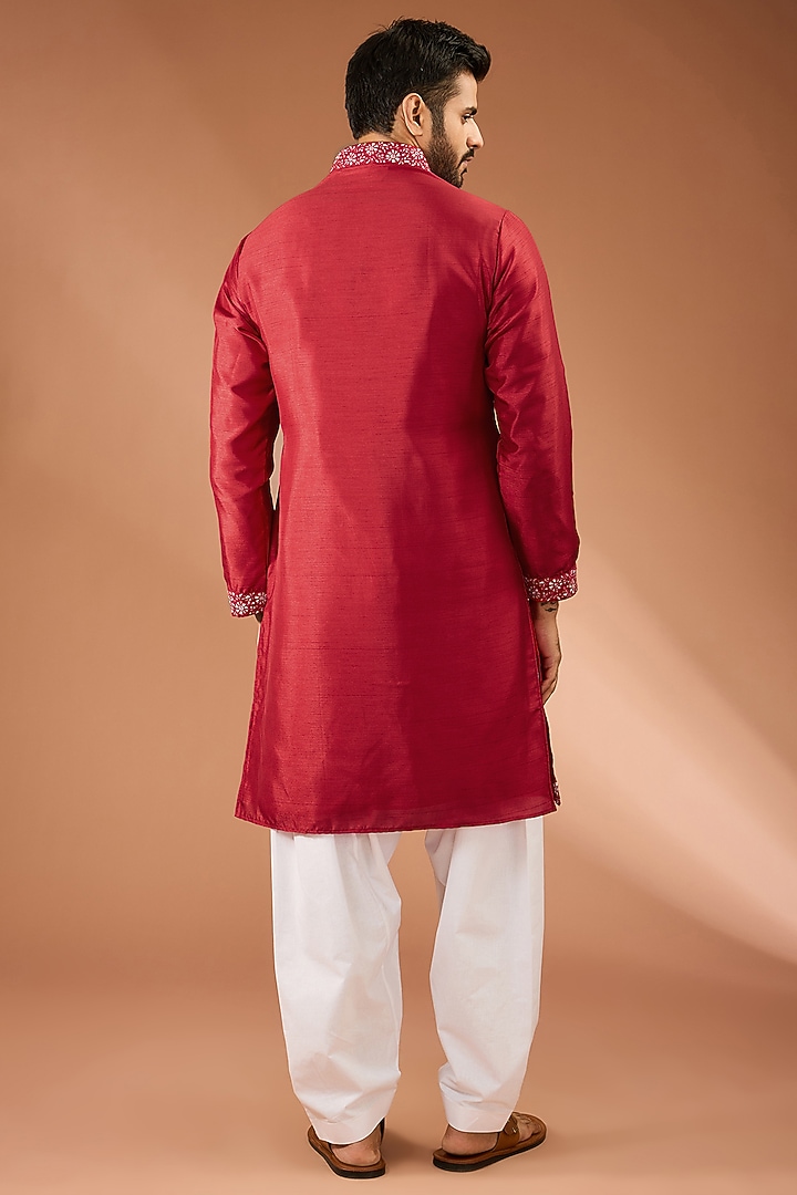 Cherry Red Cotton Silk Thread & Sequins Hand Embroidered Kurta Set by RNG Safawala Men at Pernia's Pop Up Shop