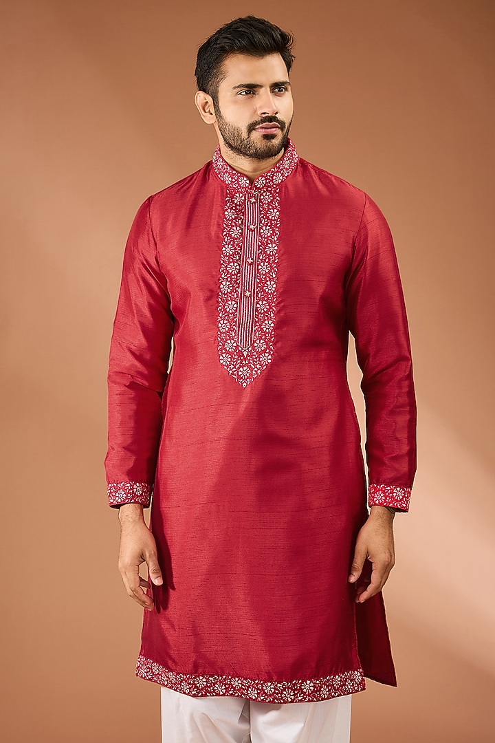 Cherry Red Cotton Silk Thread & Sequins Hand Embroidered Kurta Set by RNG Safawala Men at Pernia's Pop Up Shop