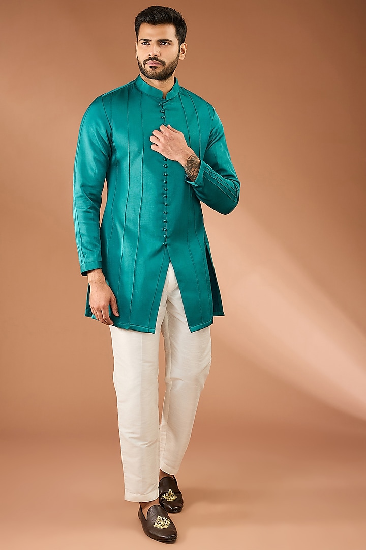 Rama Green Modal Silk Pintuck Kurta Set by RNG Safawala Men