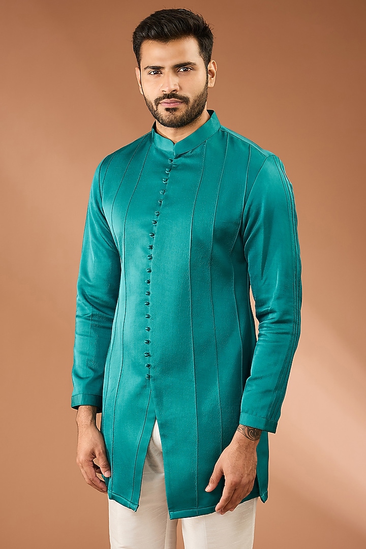 Rama Green Modal Silk Pintuck Kurta Set by RNG Safawala Men at Pernia's Pop Up Shop