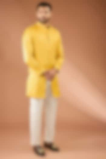 Lime Yellow Modal Silk Pintuck Kurta Set by RNG Safawala Men